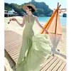 Vestido Verde Estilo Vacaciones con Cuello Halter Espalda Descubierta para Mujer, Primavera y Verano Sin Mangas Cuello en V Corte Ajustado Sexy y Hermoso Línea A Largo