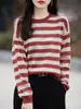Nueva Camiseta Base Rayada de Bloques de Color para Mujer Otoño e Invierno, Tejido de Terciopelo Andy, Suéter Interior Casual Cálido de Cuello Redondo