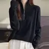 Feminino fino gola alta com zíper cor sólida lã penteada solto afina corpo para o trabalho primavera novo malha manga longa