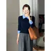 Suéter de punto negro sintético de dos piezas OEM para mujer, nuevo estilo corto ajustado de otoño e invierno 2026 con cuello tipo polo y mangas largas