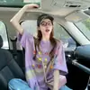 Camiseta Holgada de Algodón Puro con Estampado Divertido de Frutas para Mujer 2026 Verano Bloque de Color Tie-dye Longitud Media Moda Top