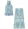 Roupas Femininas Europeias e Americanas Transfronteiriças AliExpress Item Quente do Instagram Moda Gola Halter Sem Mangas Blusa de Chiffon + Cauda de Peixe Camada Múltipla Babado