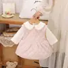 Conjunto infantil rosa claro com laço, camiseta base, saia forrada de fleece para menina, conjunto de duas peças, renda, roupas de bebê
