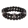 Comercio exterior suministro joyería 8mm roca de lava negra esmerilada corona de circón microincrustada pulsera de dos piezas para hombre al por mayor