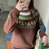Suéter jacquard Fair Isle de lã australiana para mulheres, outono e inverno, estilo casual, pulôver, curto, manga longa, modelagem solta, camada base