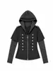 Chaqueta con capucha de retazos a rayas estilo europeo y americano para otoño e invierno, sudadera retro de doble botonadura estilo dos piezas de moda al por mayor