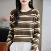 Suéter de punto con cuello redondo, rayas de bloques de color y lentejuelas, manga larga casual para mujer, versátil, corte holgado, suéter de capa interior para otoño/invierno