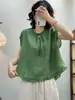 Camisa de Lino con Cuello Fruncido para Mujer, Sin Mangas, Nuevo Estilo Verano 2026, Cierre de Botones en la Espalda, Blusa Top de Ramio Retro Japonés