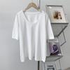 Camiseta blanca de manga corta con cuello en U de algodón cepillado para mujer, holgada, informal, de verano, de color liso, para uso exterior, sencilla, tipo camiseta base.