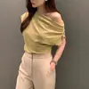 Chic Coreano2025 Verano Francés Hombro Asimétrico Diseño Holgado Color Sólido Suéter Camiseta de Manga Corta para Mujer Tendencia