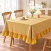 Mantel de cuadros de algodón puro engrosado con volantes de color liso, forma rectangular, superventas de Amazon, mantel de tacto de lujo ligero y de alta gama