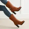 Botas de moda novas para 2026, de cano médio, transfronteiriças, com fivela de cinto, bico redondo, salto grosso, botas femininas de salto alto, botas de cano médio, tamanhos grandes, para AliExpress