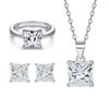 Conjunto de jóias europeu e americano brincos de prata esterlina Anel de diamante de 2 quilates de alta qualidade Anel de diamante quadrado de zircão Colar de prata quadrado 925