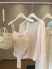 Top de tricô com proteção solar de seda gelada e mangas compridas para mulheres, nova moda de verão, fino, suave, versátil, com conjunto de duas peças de regata e cardigã