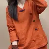 Novo top de manga comprida em algodão e linho com botões e decote V estilo chinês, nova coleção primavera/outono feminina, versátil e casual, com um look chique e elegante
