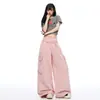 Calça Cargo Color Chá com Leite Doce Fresca Picante Estilo Garota Bolsos Grandes Cordão Verão Fina Solta Perna Larga Casual Longa para Mulheres