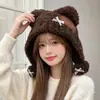 Chapéu de tricô de aba larga com orelhas de urso de pelúcia e pompom, de alta qualidade, para mulheres, outono e inverno, quente e versátil, proteção para as orelhas