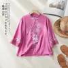 Camisa top de algodón y lino con botones, bordada, de manga tres cuartos, estilo étnico retro, con cuello diagonal de encaje, estilo chino, de primavera y otoño del sudeste asiático