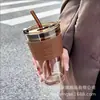 Copo de Bambu Personalizado com Alto Valor Estético, Copo de Água de Vidro com Canudo, Capa de Couro, Copo de Água de Vidro para Escritório, Caneca de Café Espessa