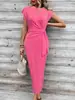 2025 Elegante Vestido Largo de Verano para Mujer de Alta Gama con Cinturón de Cintura Cruzado, Rayado, de Cuello Redondo y Manga Corta