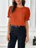 Top de mujer liso con cuello redondo, manga abullonada y ribete de volantes, manga corta, corte holgado, versátil para ir al trabajo, disponible en varios colores