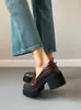 Versión de Piel de Vaca Talla Pequeña Suela Gruesa Mocasines Tacón Grueso para Mujer Plataforma Impermeable Zapatos de Salón Tacón Alto Estilo Británico Mocasines Retro