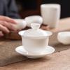 Tigela de Cobertura de Jade Suet de Luxo Leve Tigela de Chá de Porcelana Branca com Tampa Grande Conjunto de Chá Doméstico Kung Fu Empresa de Chá Logo Impresso Tigela de Três Talentos