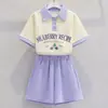 Conjunto Esportivo Casual de Verão para Meninas Conjunto de Shorts de Manga Curta Estilo College de Verão Polo Esportivo Solto Conjunto de Duas Peças