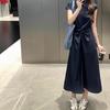 Vestido Largo Casual de Manga Corta Adelgazante para Verano con Solapa Estilo Retro Old Money Cruzado Retorcido con Lazo Vestido de Mezclilla para Mujer
