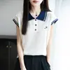 Camisa Polo de Encaje de Bambú Bordado Color Block para Mujer de Verano, Holgada y Transpirable, Adelgazante, Top Artístico de Algodón y Lino para Mujer