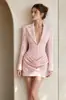 Novidade Amazon AliExpress: vestido feminino justo, bodycon, curto, com gola de alfaiataria e decote V profundo, mangas compridas