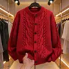 Suéter Abrigo de Punto Trenzado Retro Versátil Unisex Otoño Nueva Llegada Color Sólido Cuello Redondo Cardigan de Punto Color Verde Albaricoque