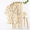 Atacado Dropshipping Gola Estampa de Morango Manga Curta Calça Longa Algodão Puro Crepe Pijama Feminino Confortável Pode Ser Usado Fora Pijama