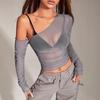 Top Camiseta Feminino de Malha Transparente Sexy com Ombro à Mostra e Mangas Longas Plissadas, Estilo Streetwear Europeu e Americano, Irmã Real Picante