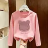 Camiseta de Manga Larga de Algodón Puro Estilo Coreano para Niñas, Primavera y Otoño, Camiseta Básica Casual con Estampado de Dibujos Animados para Bebé, Cuello Redondo