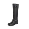 Botas Altas de Cuero Genuino Estilo Coreano Hebilla Ajustable Botas de Caballero 2026 Tacón Medio Grueso Punta Redonda Cuero Genuino Pantorrilla Ancha Mujer