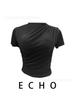 Camiseta Deportiva Nueva de Secado Rápido, Manga Corta, Ajustada, Cuello Medio Alto, Diseño Irregular, Verano, Plisada, Gama Alta