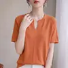 Camiseta Francesa Gola V Manga Curta para Mulheres 2026 Novo Verão Malha Fina de Linho Top Azul Versátil Manga Meia