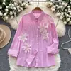 Camisa de Rayas de Manga Larga Estilo Europeo y Americano para Mujer en Verano con Flores Estéreo y Diamantes, Diseño Holgado, Ligera y Madura Elegante, Top de Hermana Real