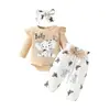 Macacão de bebê europeu e americano de letras com manga comprida e formato triangular, calça com laço, top para primavera e outono, calça de borboleta e elefante
