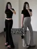Pantalones de Maternidad Plegables de Tiro Bajo Micro-Campana Verano Delgados Canalé Vertical Elásticos de Longitud Completa Acampanados Para Embarazo y Postparto Dos