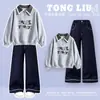Conjunto de top com lapela xadrez retrô e blocos de cor para meninas, estilo preppy, e jeans casual versátil para primavera e outono