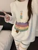 Pijama Dulce de Niña con Rayas Arcoíris y Media Terciopelo para Mujer Invierno Talla Grande Nuevo Cálido Forrado de Polar Conjunto de Dos Piezas Ropa de Casa