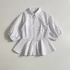 Ropa de Mujer 26 Productos Nuevos Estilo Europeo y Americano Color Sólido Simple Cuello Solapa Mangas Abullonadas Ceñido a la Cintura Falda Corta Camisa Casual Blusa de Gama Alta