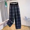 Tiro Real de Pantalones de Punto Casuales Retro de Pierna Ancha Sueltos de Hilo Teñido a Cuadros Nuevos para Mujer