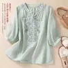 Camisa Bordada Vintage de Algodão e Linho para Mulheres, Top Simples de Cor Sólida com Manga Três Quartos, Verão, Decote V, Emagrecimento