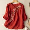Abrigo Tang Vintage Suelto Bordado Top Delgado Verano para Mujer Nuevo Artístico Combinable Solapa Inclinada Botón Manga Media Camisa Pequeña