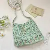 68172 Bolsa Tote de Lona Floral Verde Fresco Estilo Coreano Grande Capacidade Ombro Único Transversal Bolsa de Tecido Bolsa de Compras Feminina