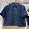 Camisa de Mezclilla para Mujer Estilo Casual Boxy Corta Solapa Media Manga Corta Producto Lavado Camisa de Manga Corta 483877
