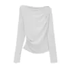Camiseta de punto de manga larga off-shoulder con cuello de solapa blanca 2025 primavera y otoño nuevo diseño de ropa para mujer top de deseo puro